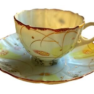 Vintage Gold Asian Floral Ruffled Edge Demitasse Cup & Saucer Set
